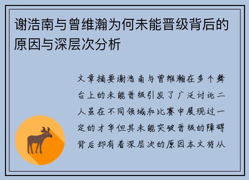 谢浩南与曾维瀚为何未能晋级背后的原因与深层次分析